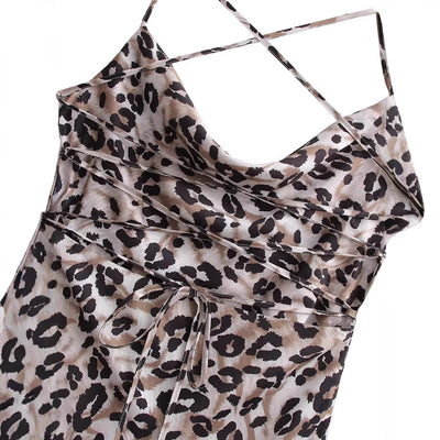 Leopard print backless swing collar camisole dress for women