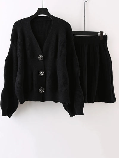 Elegant Knited Two-piece Set Women's V-neck Single Breasted Cardigan With Short Skirts Female