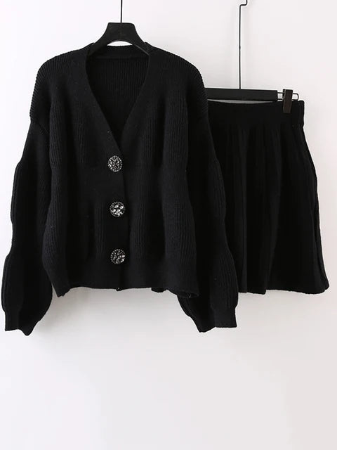Elegant Knited Two-piece Set Women's V-neck Single Breasted Cardigan With Short Skirts Female