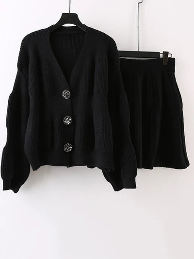 Elegant Knited Two-piece Set Women's V-neck Single Breasted Cardigan With Short Skirts Female