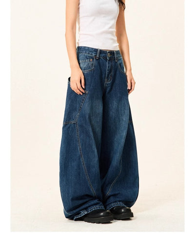 Women's Loose Wide-leg Jeans With Large Pockets Machete