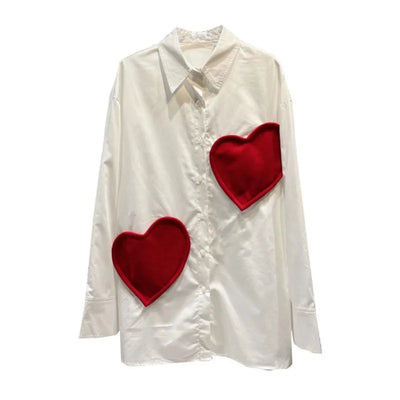 DEAT Women's Blouse Spliced Red Heart Design Single Breasted Loose Female Lapel White Shirt  New Fashion Autumn