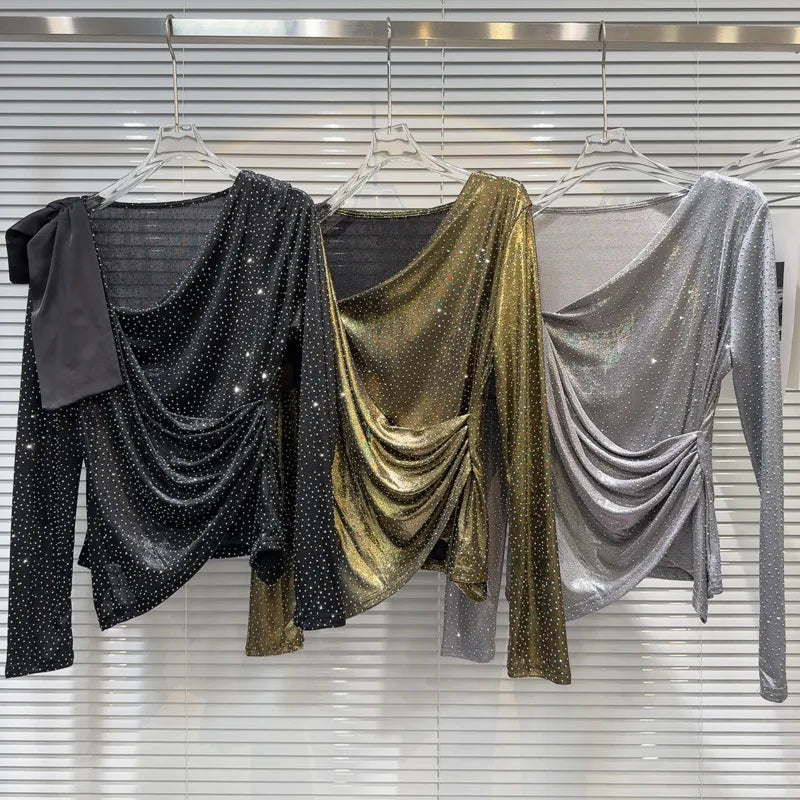 Autumn New Item Fashion Women's Hot Diamond Slanted Neck Pleated Mesh T-shirt Versatile Solid Color Top Female