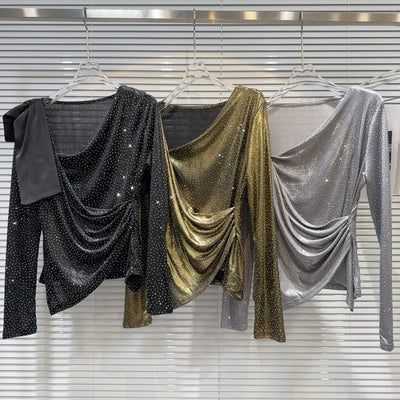 Autumn New Item Fashion Women's Hot Diamond Slanted Neck Pleated Mesh T-shirt Versatile Solid Color Top Female