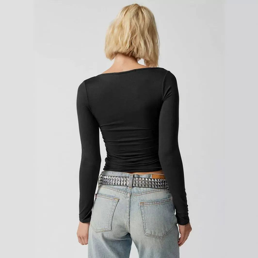 Spring Summer Women's Long Sleeve T-shirt Female Slim Square Neck Top Y2K Lady's Solid Color Bottoming Shirt Women's Clothing