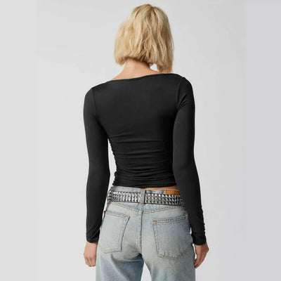 Spring Summer Women's Long Sleeve T-shirt Female Slim Square Neck Top Y2K Lady's Solid Color Bottoming Shirt Women's Clothing
