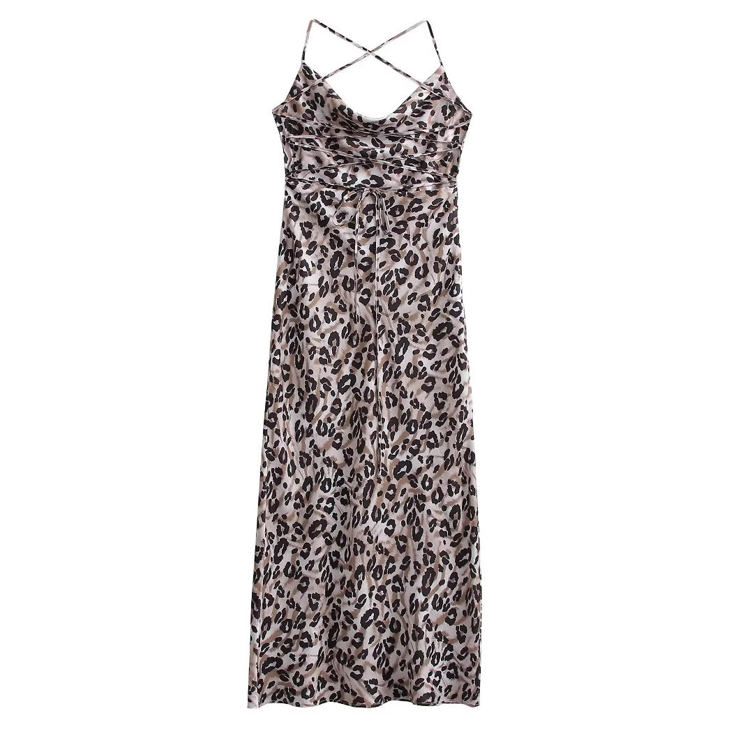 Leopard print backless swing collar camisole dress for women