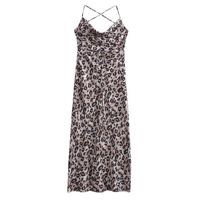 Leopard print backless swing collar camisole dress for women