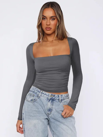Spring Summer Women's Long Sleeve T-shirt Female Slim Square Neck Top Y2K Lady's Solid Color Bottoming Shirt Women's Clothing