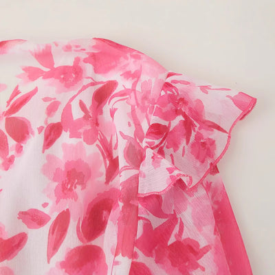 V-neck ruffle edge with belt printed dress for women