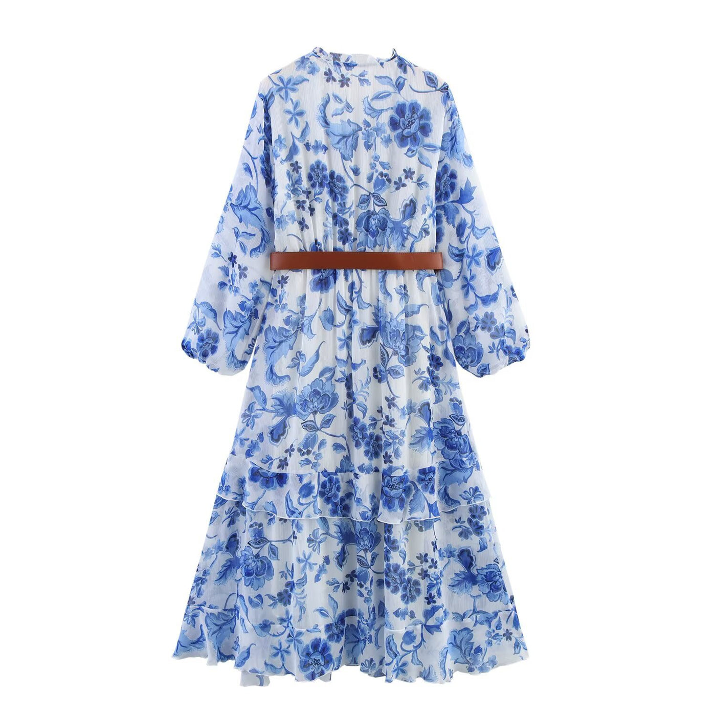 V-neck belt with black fungus edging printed dress for women