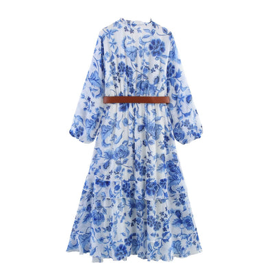 V-neck belt with black fungus edging printed dress for women