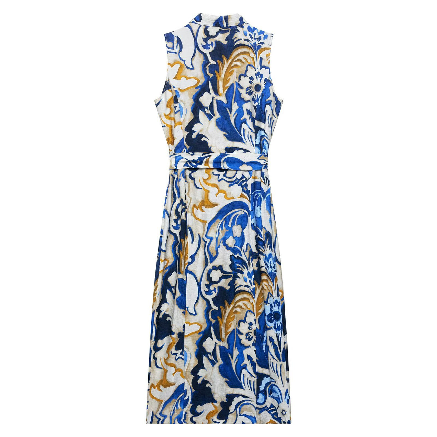 V-neck cuffless waistband printed MIDI dress for women