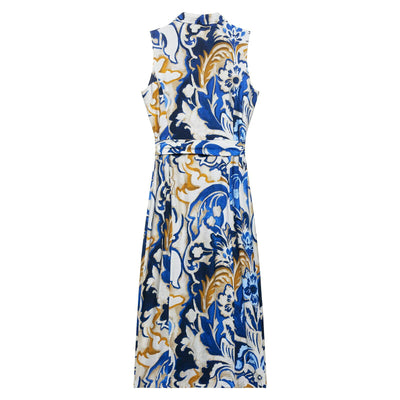 V-neck cuffless waistband printed MIDI dress for women