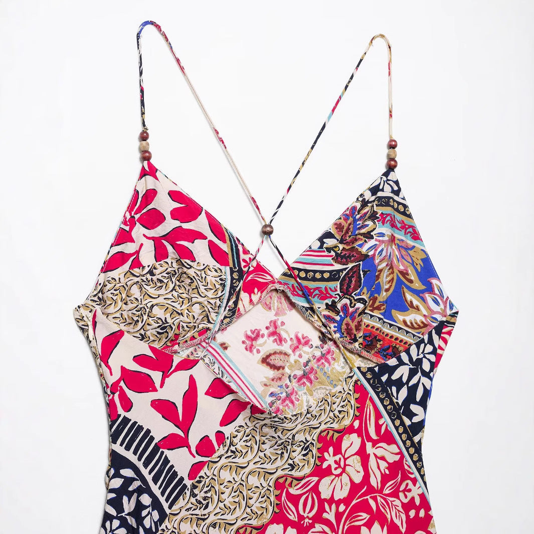 Fashion printed camisole backless MIDI dress for women