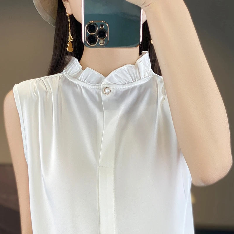 White Silk Women's T-Shirts Summer Stand Collar Sleeveless Tees Fashion Solid Color Bottom Lace T-Shirt Loose Female Button Tops