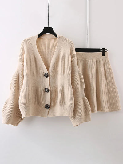 Elegant Knited Two-piece Set Women's V-neck Single Breasted Cardigan With Short Skirts Female