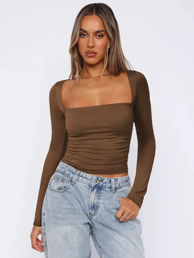Spring Summer Women's Long Sleeve T-shirt Female Slim Square Neck Top Y2K Lady's Solid Color Bottoming Shirt Women's Clothing