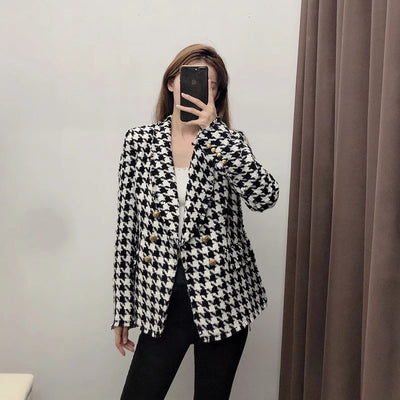 Houndstooth pattern breasted jacket women