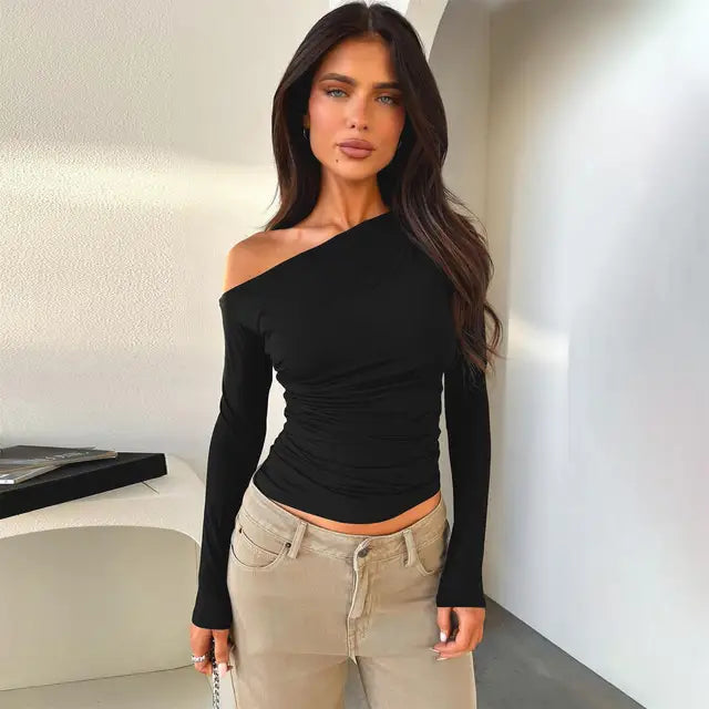 Women's One Shoulder Top Spring Summer Lady's Solor Color Bottoming Shirt Female Slim Base Shirt Women's Top With Sleeves