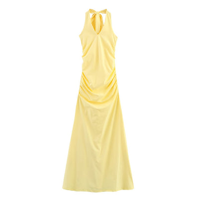 Backless pleated neck hanging dress for women