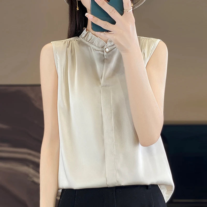 White Silk Women's T-Shirts Summer Stand Collar Sleeveless Tees Fashion Solid Color Bottom Lace T-Shirt Loose Female Button Tops
