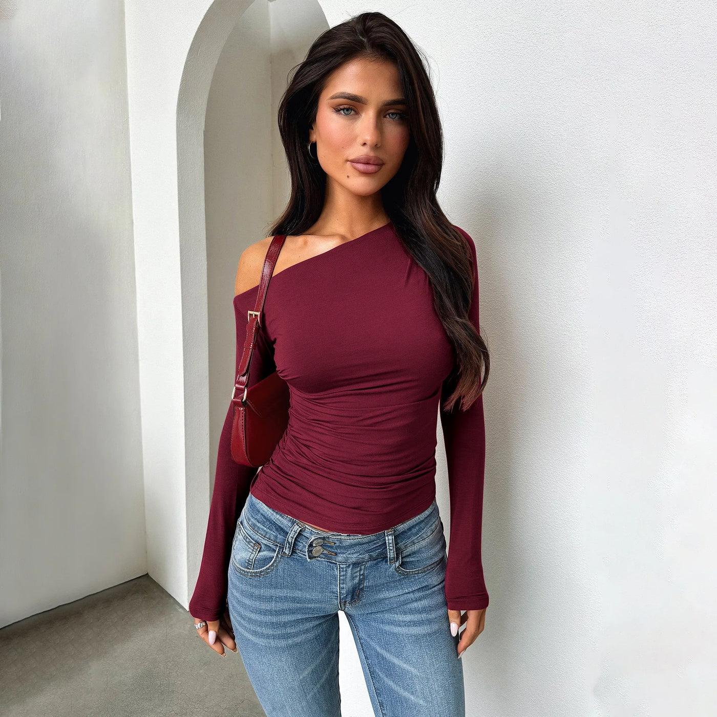 Women's One Shoulder Top Spring Summer Lady's Solor Color Bottoming Shirt Female Slim Base Shirt Women's Top With Sleeves