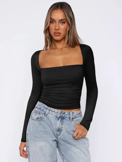 Spring Summer Women's Long Sleeve T-shirt Female Slim Square Neck Top Y2K Lady's Solid Color Bottoming Shirt Women's Clothing