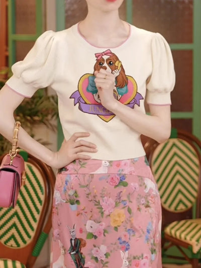 Cartoon Embroidered Sweater Women Knitted Tshirt Pullovers Stylish Fashion Chic Ladies Tops Summer Puff Short Sleeve Jumper