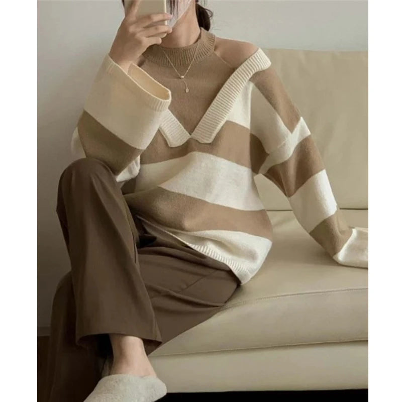 Women Sexy Off Shoulder Patchwork Chic Striped Knitted Sweater Female O Neck Long Sleeve Loose Pullover Tops Y2K Casual Jumpers
