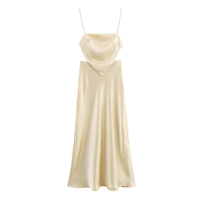 Backless lace up silk texture suspender dress for women