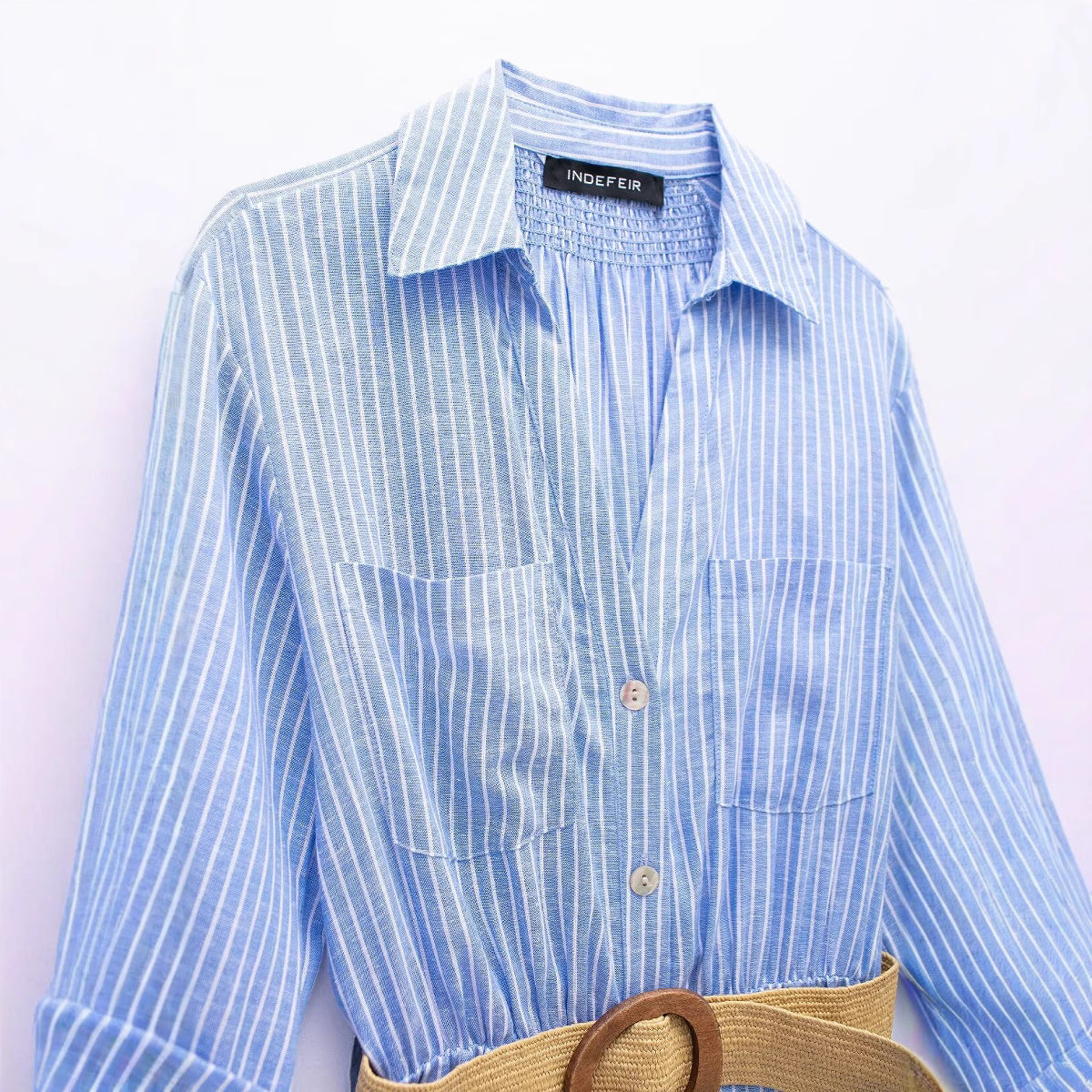 Collar striped single breasted dress with belt and shirt style dress