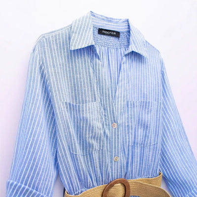 Collar striped single breasted dress with belt and shirt style dress