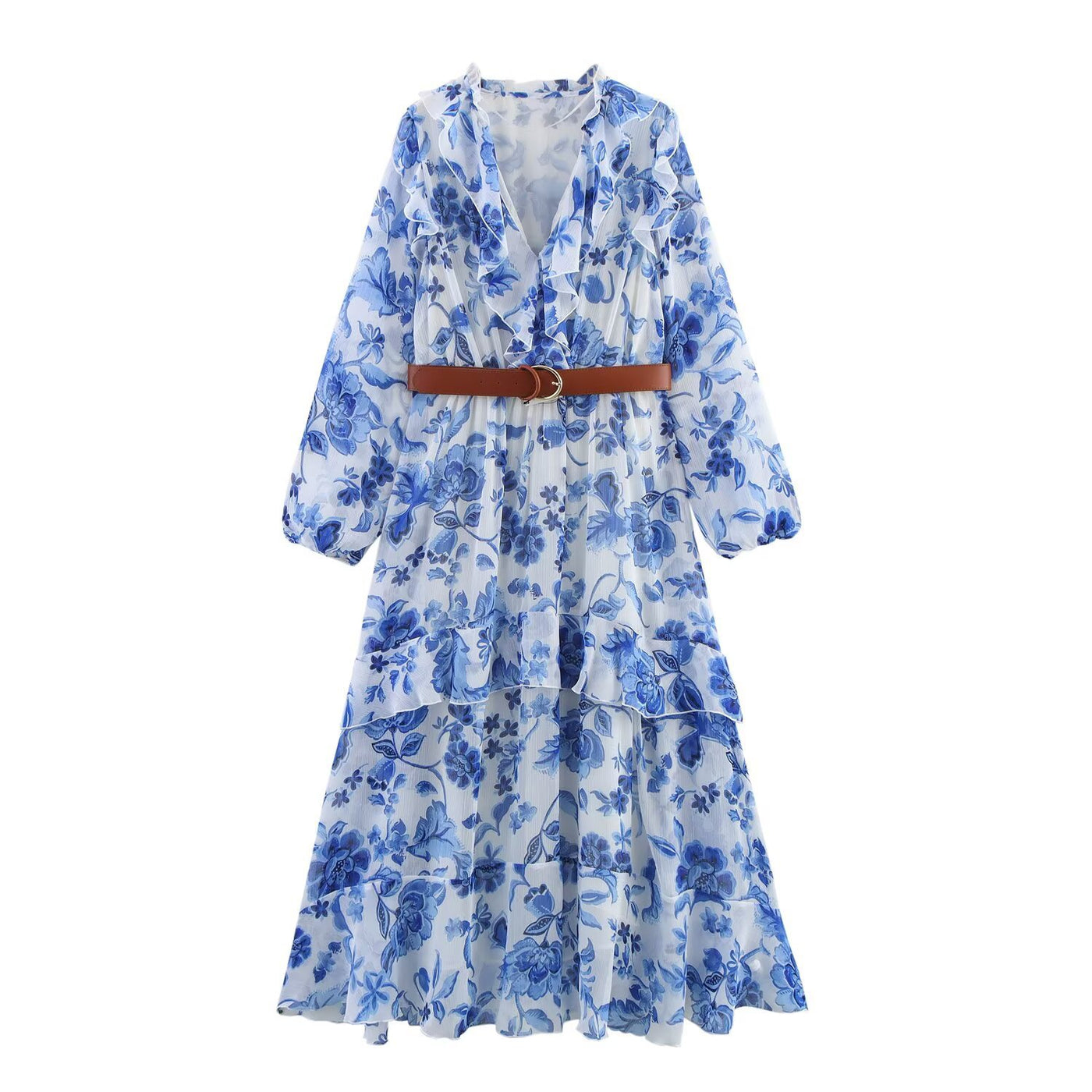 V-neck belt with black fungus edging printed dress for women