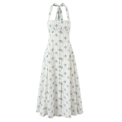 Fashion neck button print dress for women