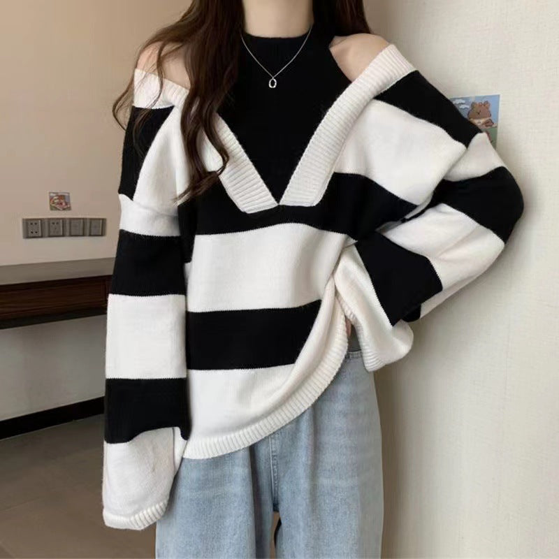 Women Sexy Off Shoulder Patchwork Chic Striped Knitted Sweater Female O Neck Long Sleeve Loose Pullover Tops Y2K Casual Jumpers