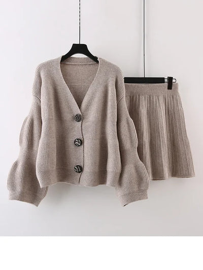 Elegant Knited Two-piece Set Women's V-neck Single Breasted Cardigan With Short Skirts Female