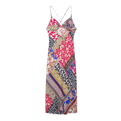 Fashion printed camisole backless MIDI dress for women