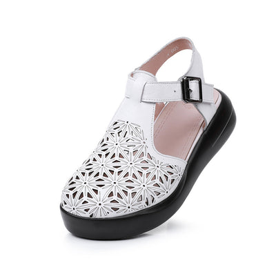Thick soled toe sandals women's genuine leather sponge cake wedge heel hollowed out hole shoes flat bottomed women's shoes