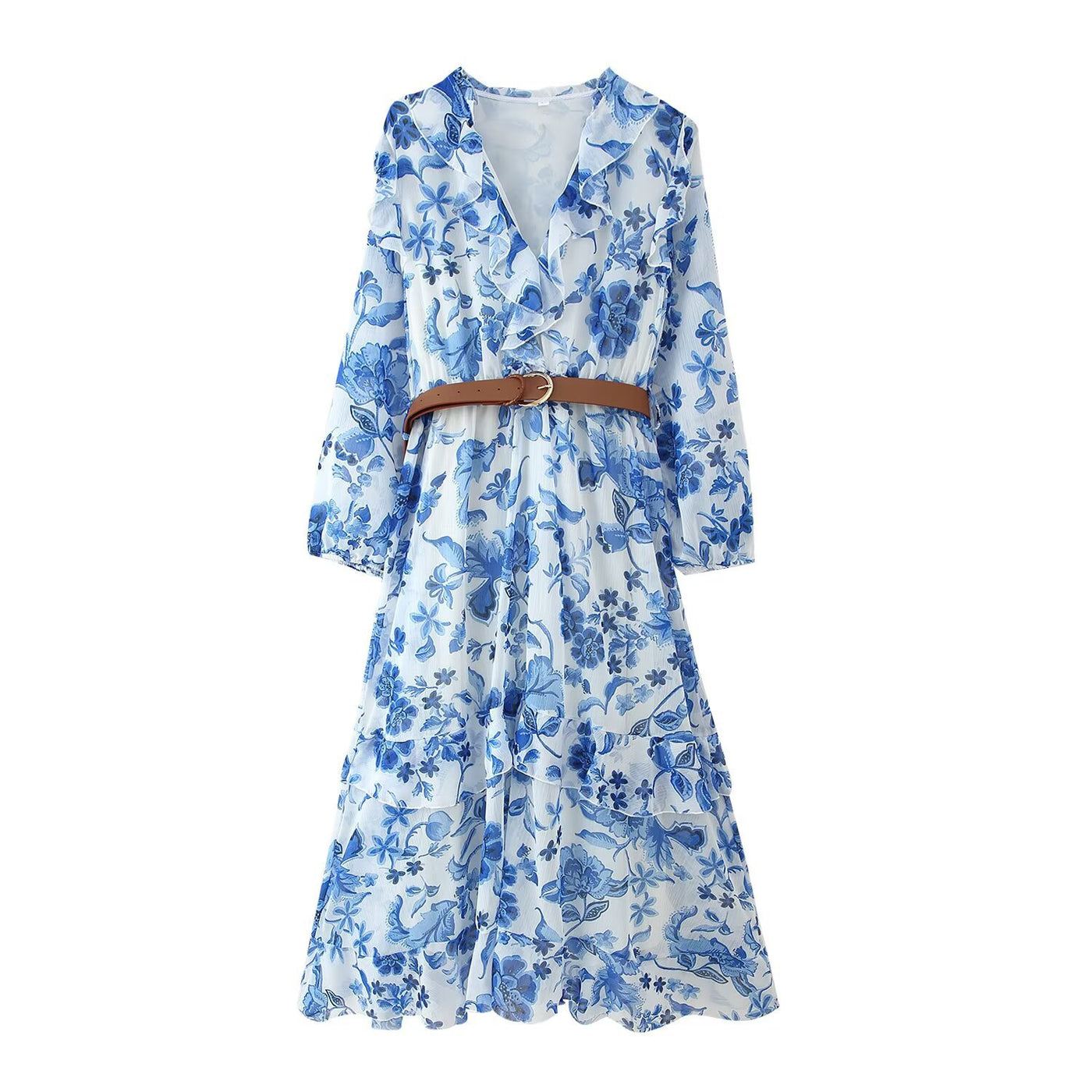 V-neck ruffle edge layered decoration with belt dress for women