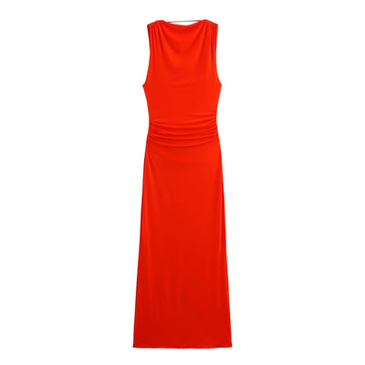 Round neck sleeveless long backless knitted dress for women
