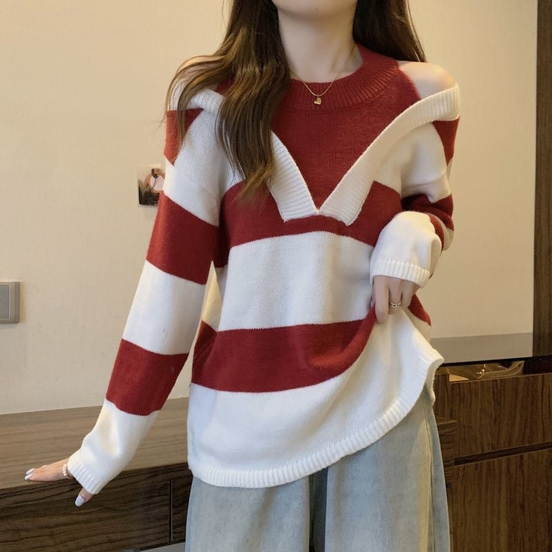 Women Sexy Off Shoulder Patchwork Chic Striped Knitted Sweater Female O Neck Long Sleeve Loose Pullover Tops Y2K Casual Jumpers
