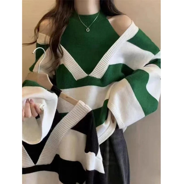Women Sexy Off Shoulder Patchwork Chic Striped Knitted Sweater Female O Neck Long Sleeve Loose Pullover Tops Y2K Casual Jumpers