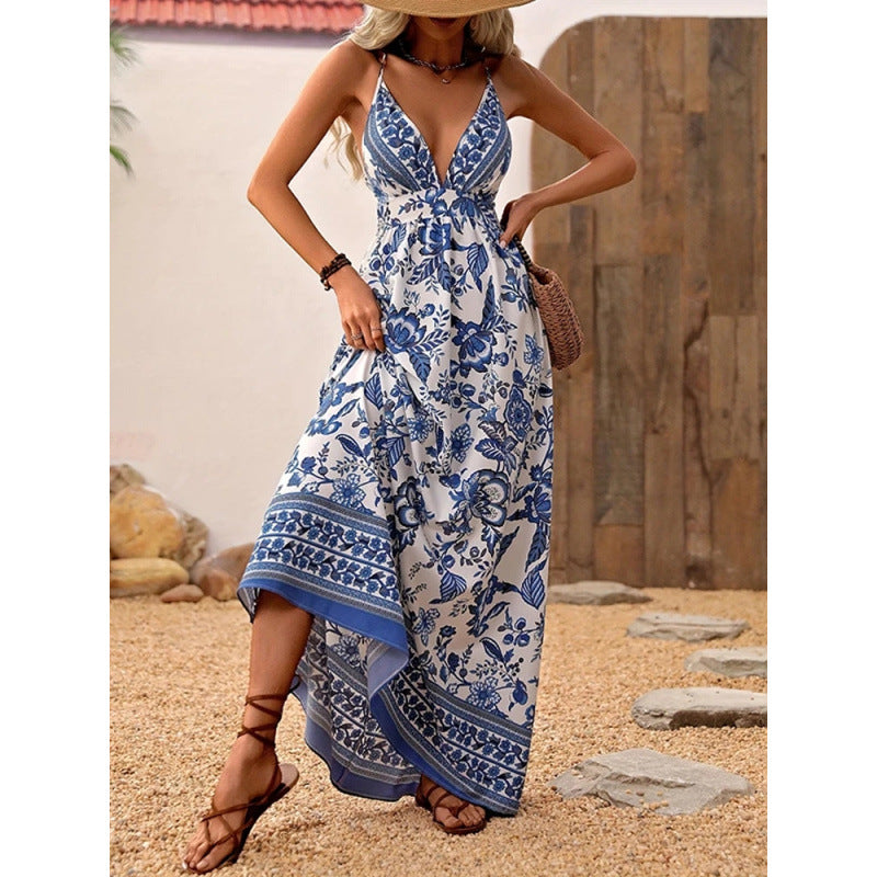 V-neck camisole long skirt holiday print dress for women