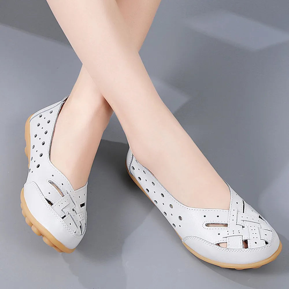 Summer women's hollowed out loafers with cow tendon sole and bean shaped shoes