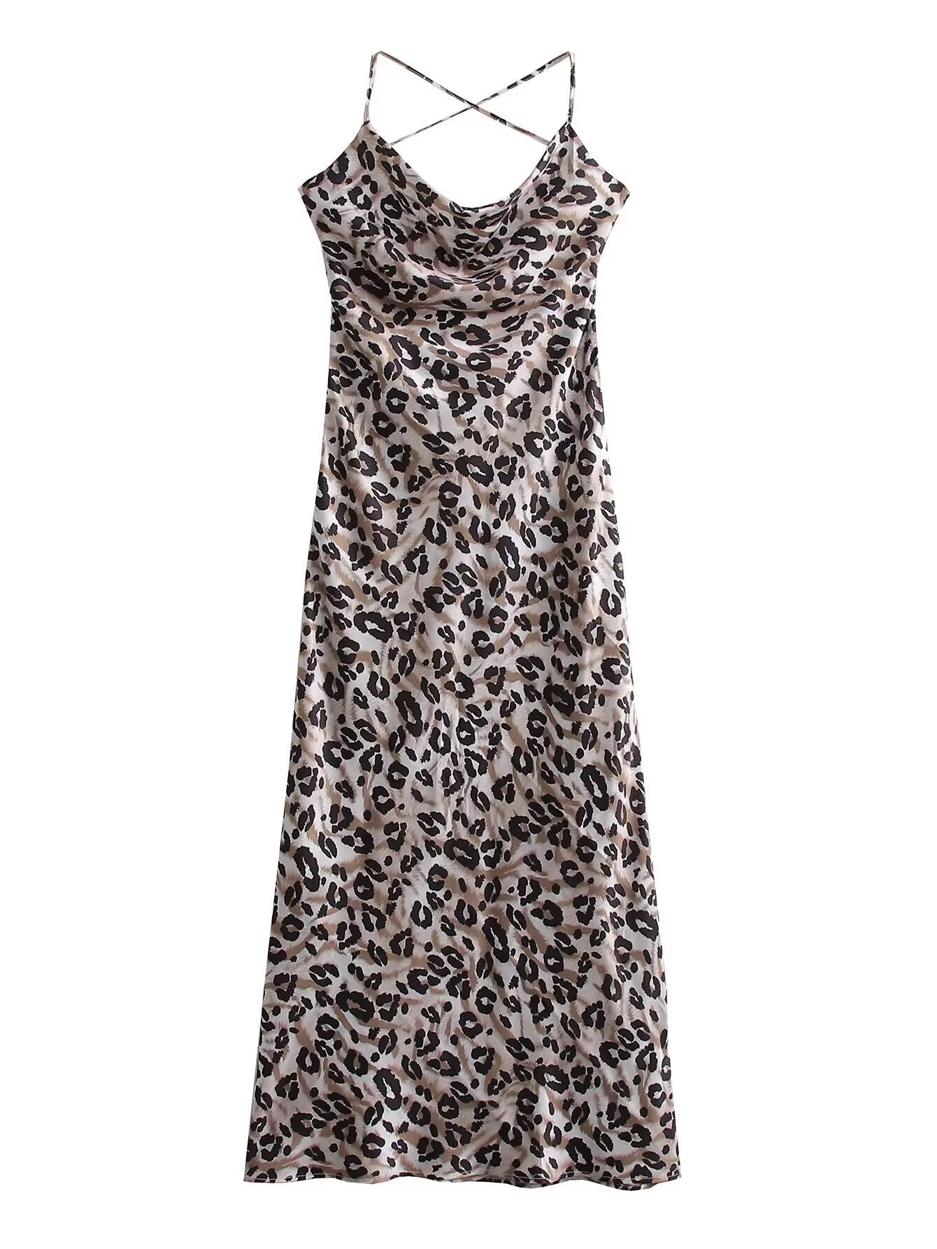 Leopard print backless swing collar camisole dress for women