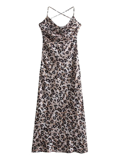 Leopard print backless swing collar camisole dress for women