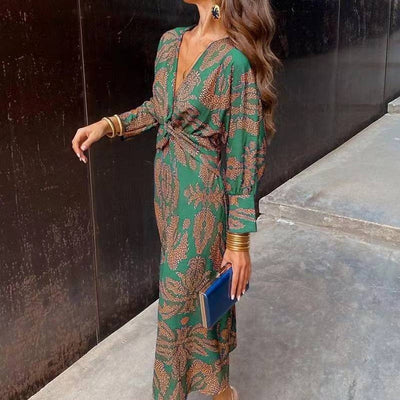 Printed V-neck medium length dress for women