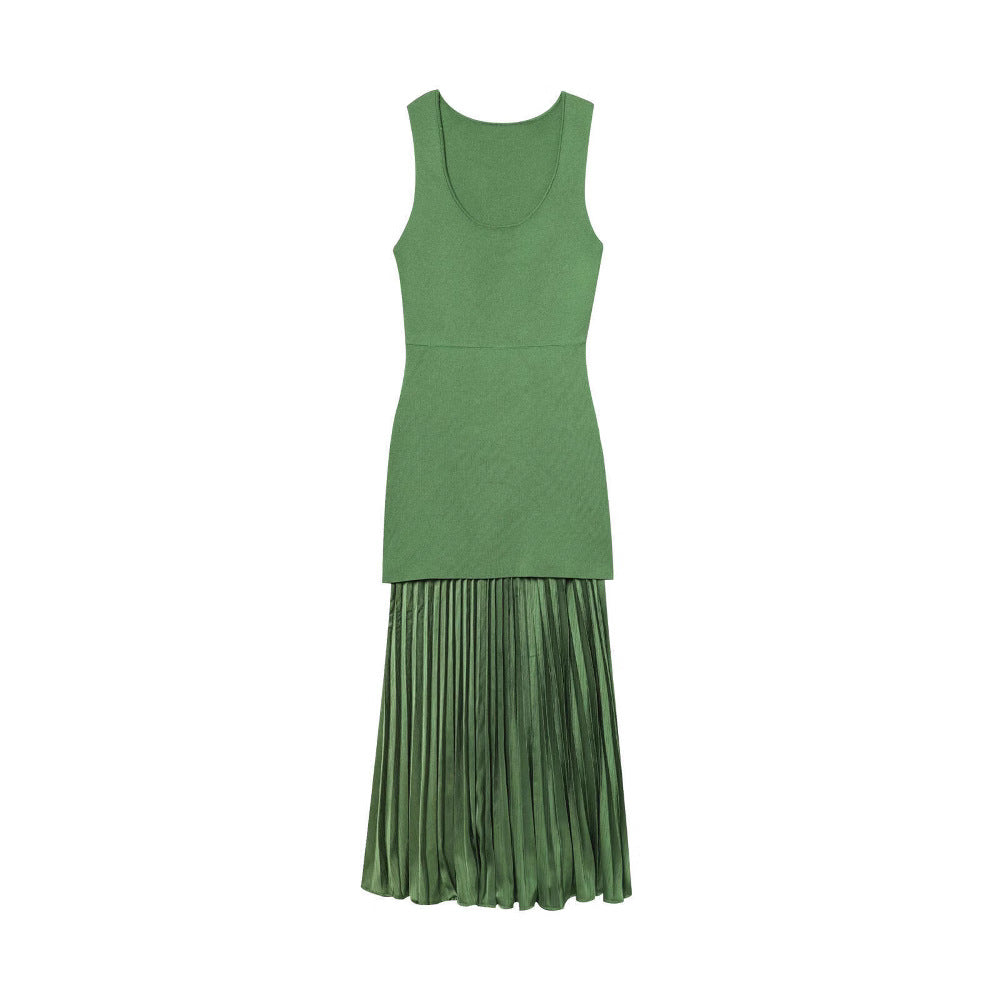 Sleeveless pleated patchwork knitted dress for women