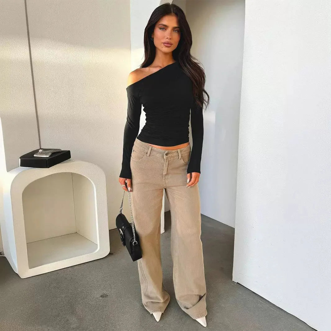 Women's One Shoulder Top Spring Summer Lady's Solor Color Bottoming Shirt Female Slim Base Shirt Women's Top With Sleeves